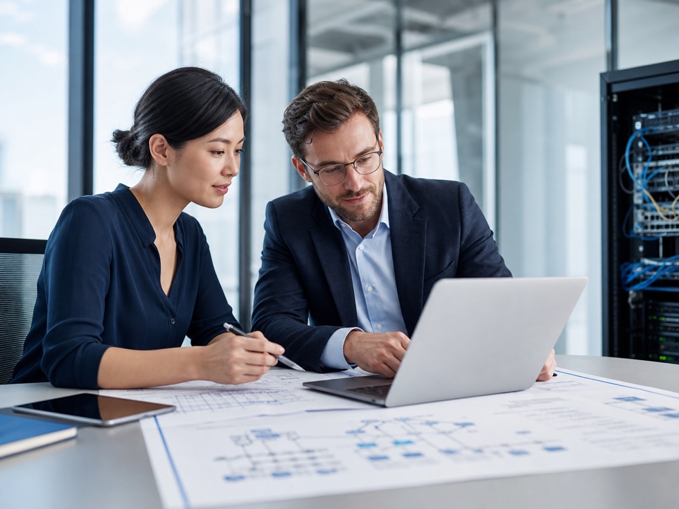 Point Systems consultants reviewing IT infrastructure plans
